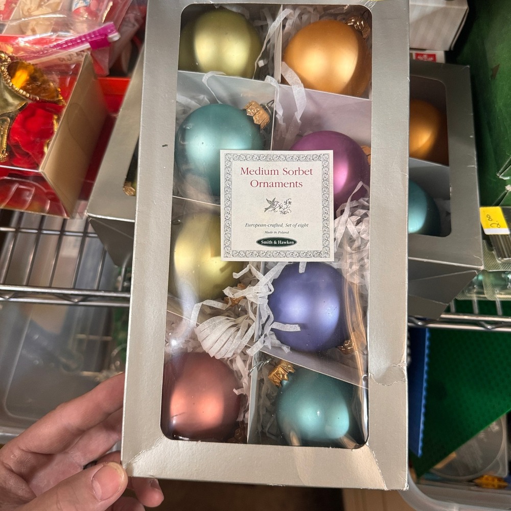 Smith & Hawken Medium Glass Sorbet Ornaments Holiday Set of 8 European Crafted